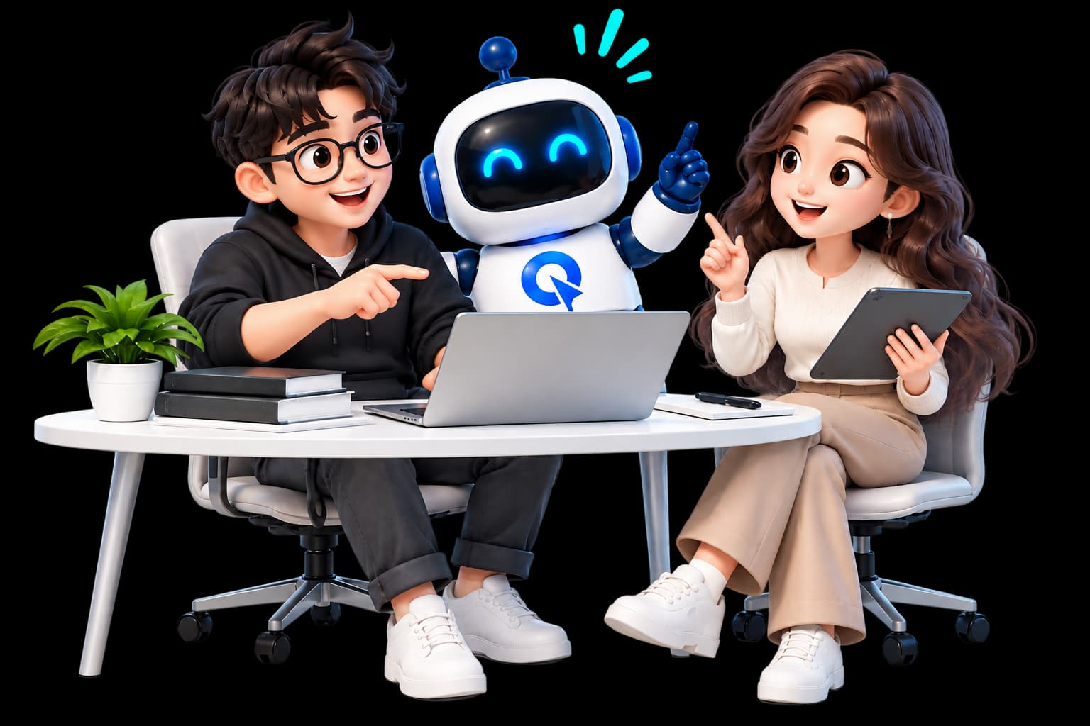 Bạn nam đeo kính và bạn nữ tóc dài cùng robot AI vui vẻ làm việc bên bàn máy tính